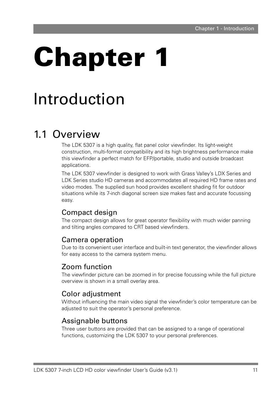 Introduction, 1 overview, Chapter 1 – introduction | Overview, Chapter 1 | Grass Valley LDK 5307 User Manual | Page 11 / 40