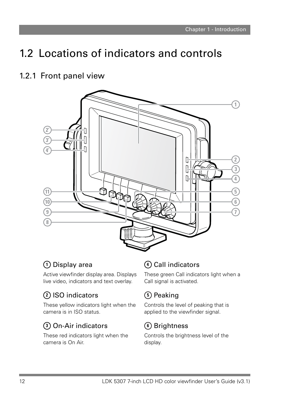 2 locations of indicators and controls, 1 front panel view, Locations of indicators and controls 1.2.1 | Front panel view | Grass Valley LDK 5307 User Manual | Page 12 / 40