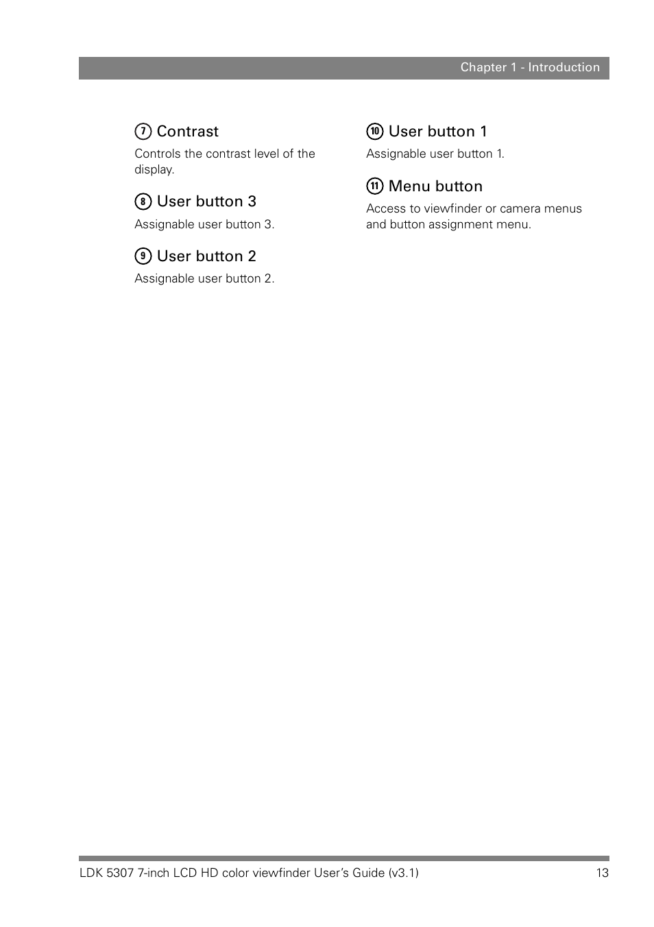 Contrast, User button 3, User button 2 | User button 1, Menu button | Grass Valley LDK 5307 User Manual | Page 13 / 40