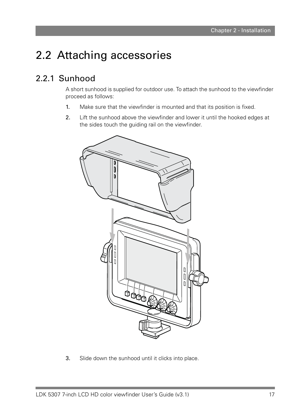 2 attaching accessories, 1 sunhood, Attaching accessories 2.2.1 | Sunhood | Grass Valley LDK 5307 User Manual | Page 17 / 40