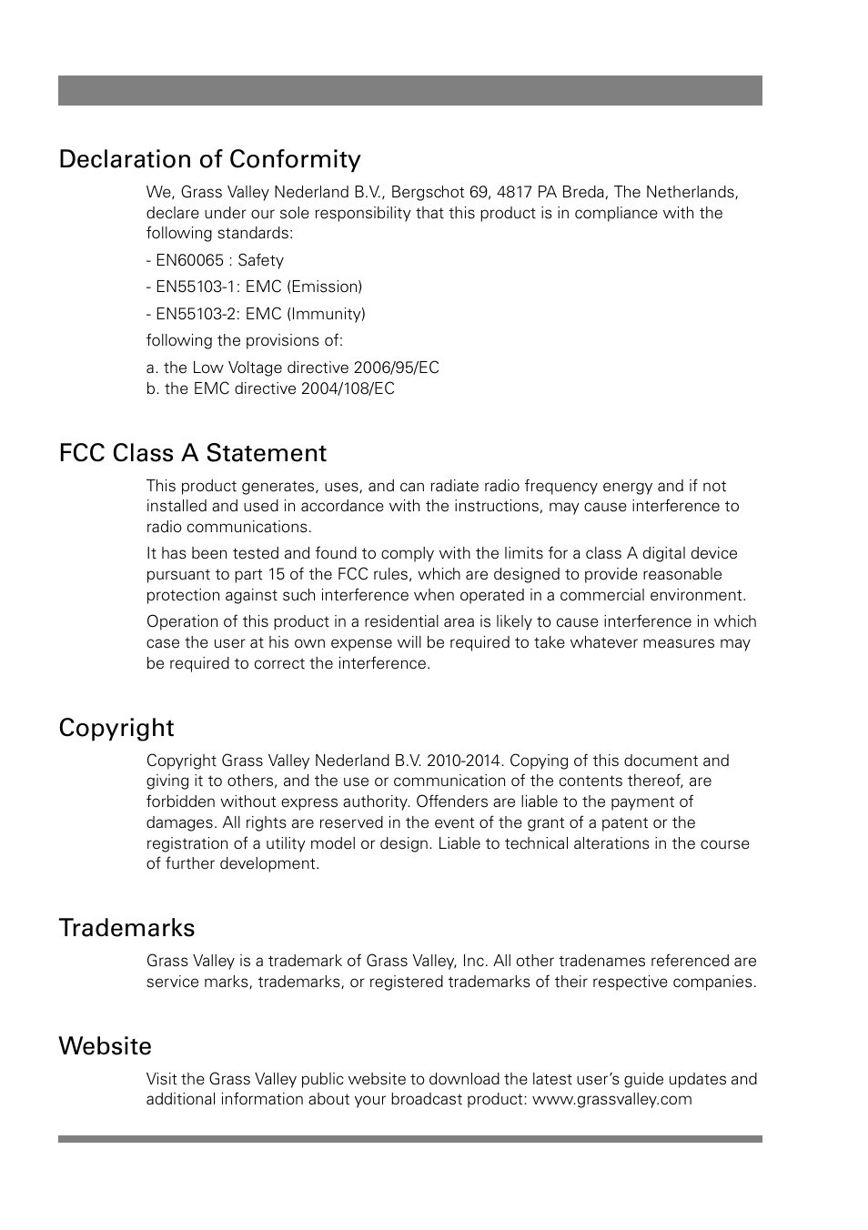 Declaration of conformity, Fcc class a statement, Copyright | Trademarks, Website | Grass Valley LDK 5307 User Manual | Page 2 / 40