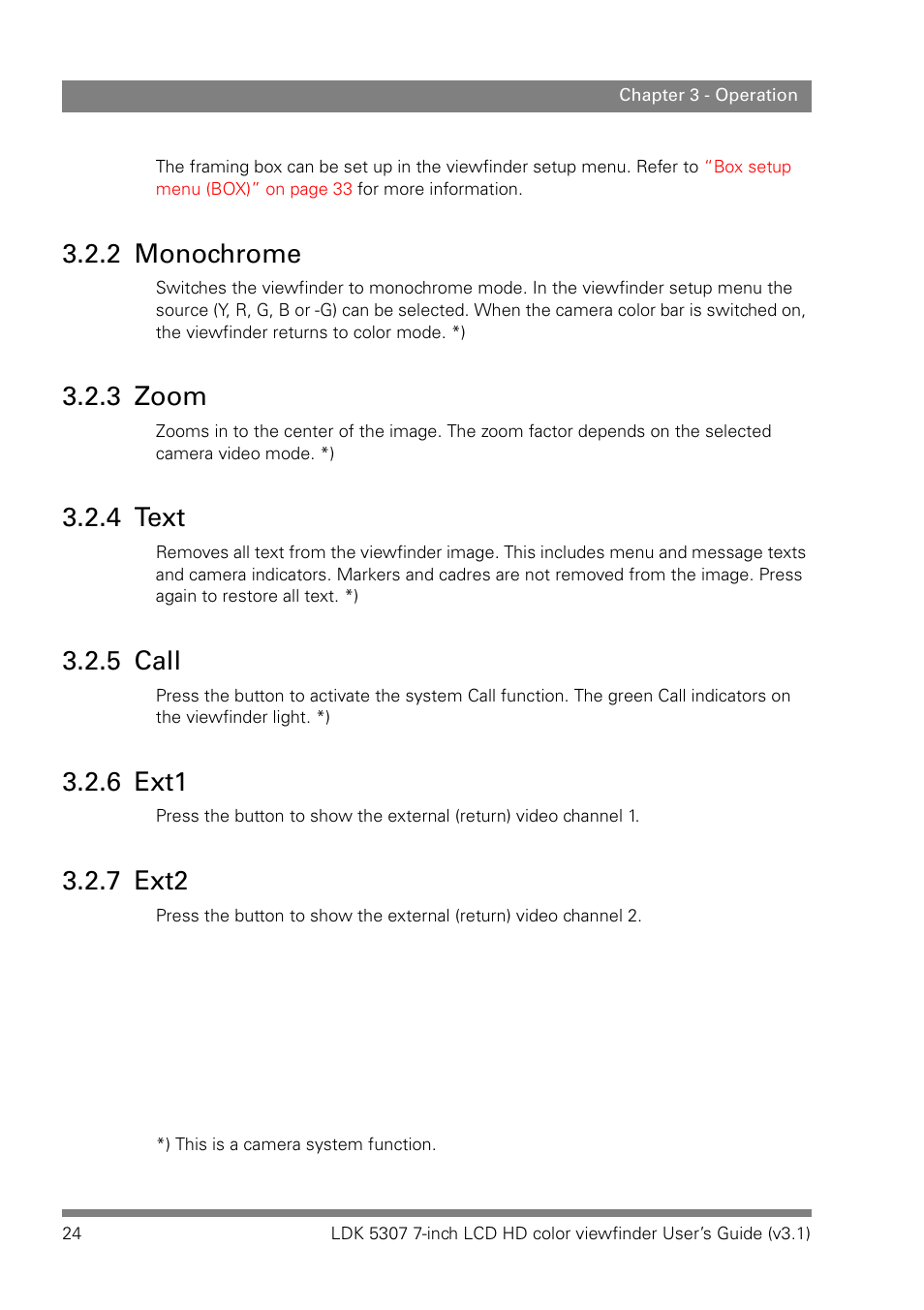 2 monochrome, 3 zoom, 4 text | 5 call, 6 ext1, 7 ext2, Monochrome, Zoom, Text, Call | Grass Valley LDK 5307 User Manual | Page 24 / 40