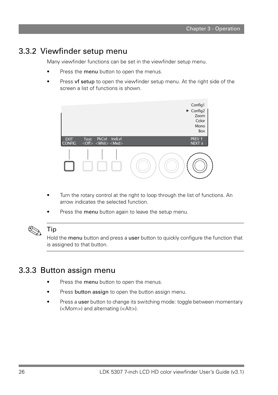 2 viewfinder setup menu, 3 button assign menu, Viewfinder setup menu | Button assign menu | Grass Valley LDK 5307 User Manual | Page 26 / 40