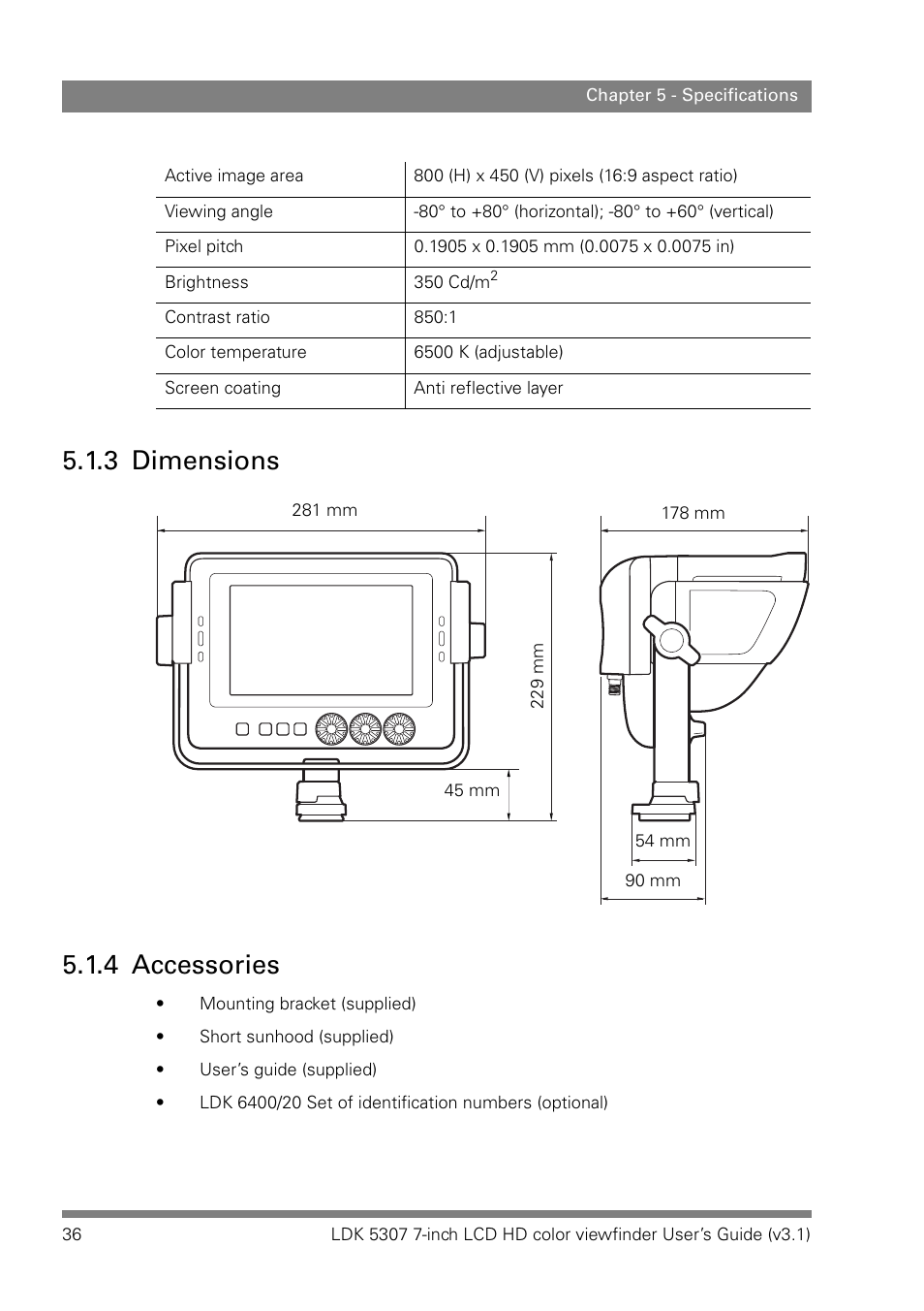 3 dimensions, 4 accessories, Dimensions | Accessories, 3 dimensions 5.1.4 accessories | Grass Valley LDK 5307 User Manual | Page 36 / 40