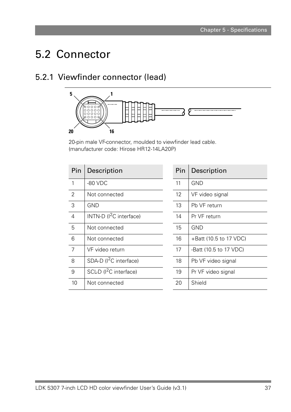 2 connector, 1 viewfinder connector (lead), Connector 5.2.1 | Viewfinder connector (lead) | Grass Valley LDK 5307 User Manual | Page 37 / 40