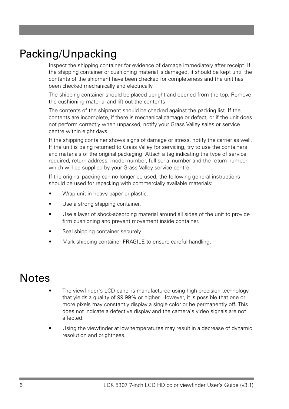 Packing/unpacking | Grass Valley LDK 5307 User Manual | Page 6 / 40