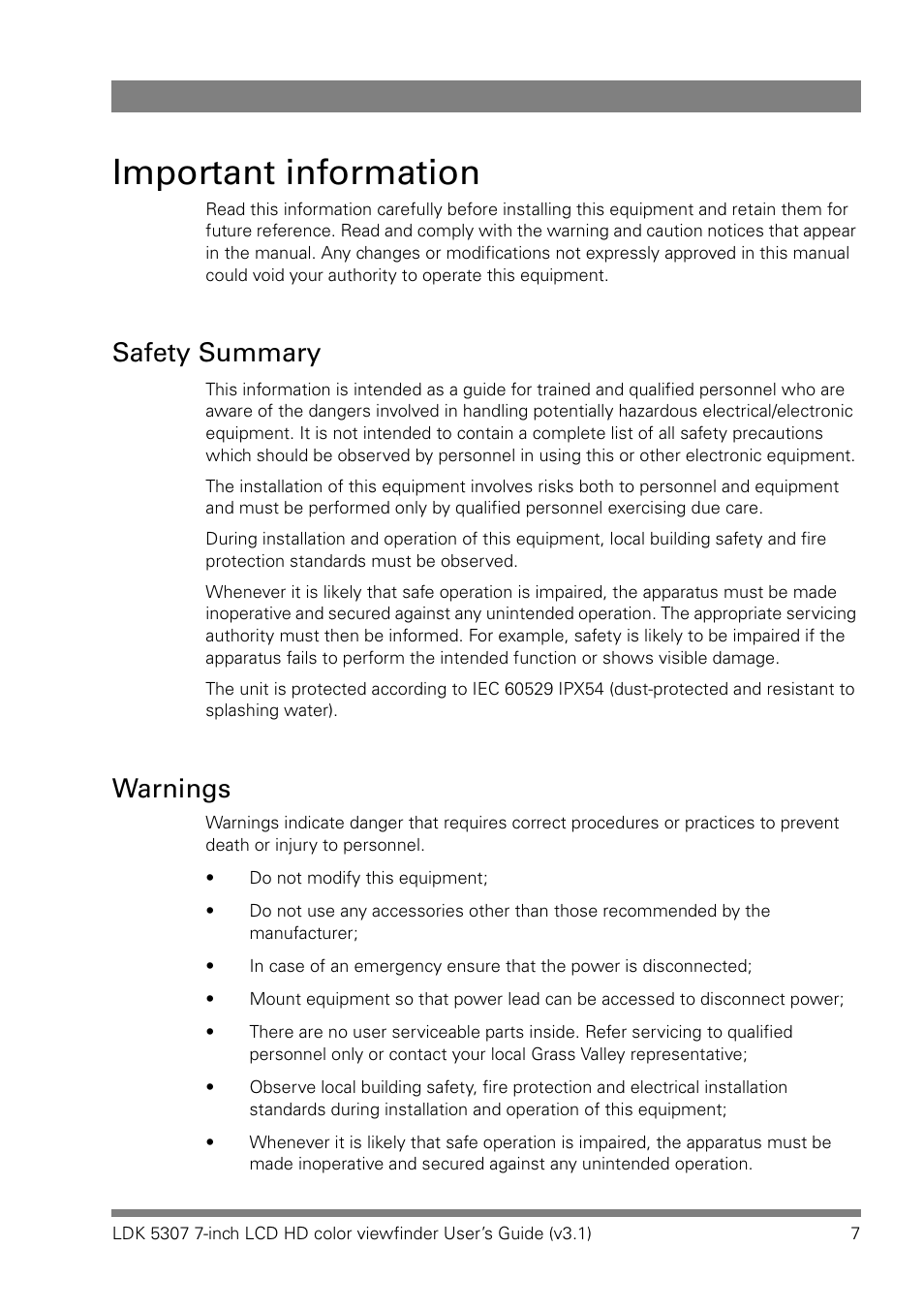 Important information, Safety summary, Warnings | Grass Valley LDK 5307 User Manual | Page 7 / 40