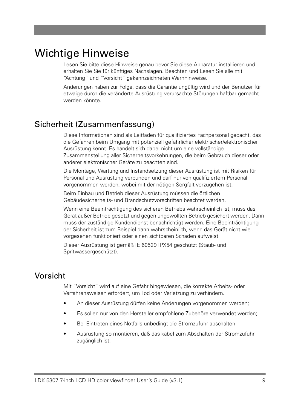 Wichtige hinweise, Sicherheit (zusammenfassung), Vorsicht | Grass Valley LDK 5307 User Manual | Page 9 / 40