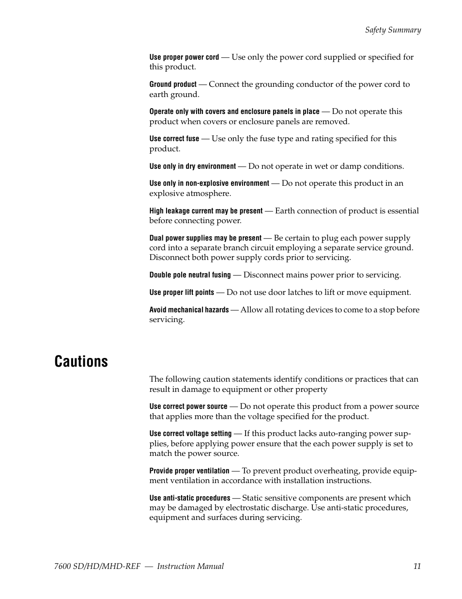 Cautions | Grass Valley 7600REF User Manual | Page 11 / 84