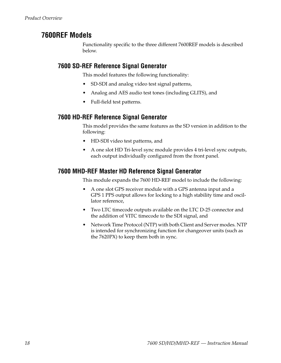 7600ref models, 7600 sd-ref reference signal generator, 7600 hd-ref reference signal generator | 7600 mhd-ref master hd reference signal generator | Grass Valley 7600REF User Manual | Page 18 / 84