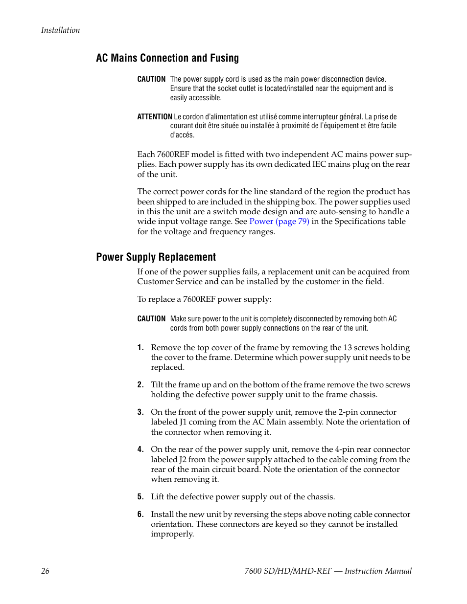 Ac mains connection and fusing, Power supply replacement | Grass Valley 7600REF User Manual | Page 26 / 84