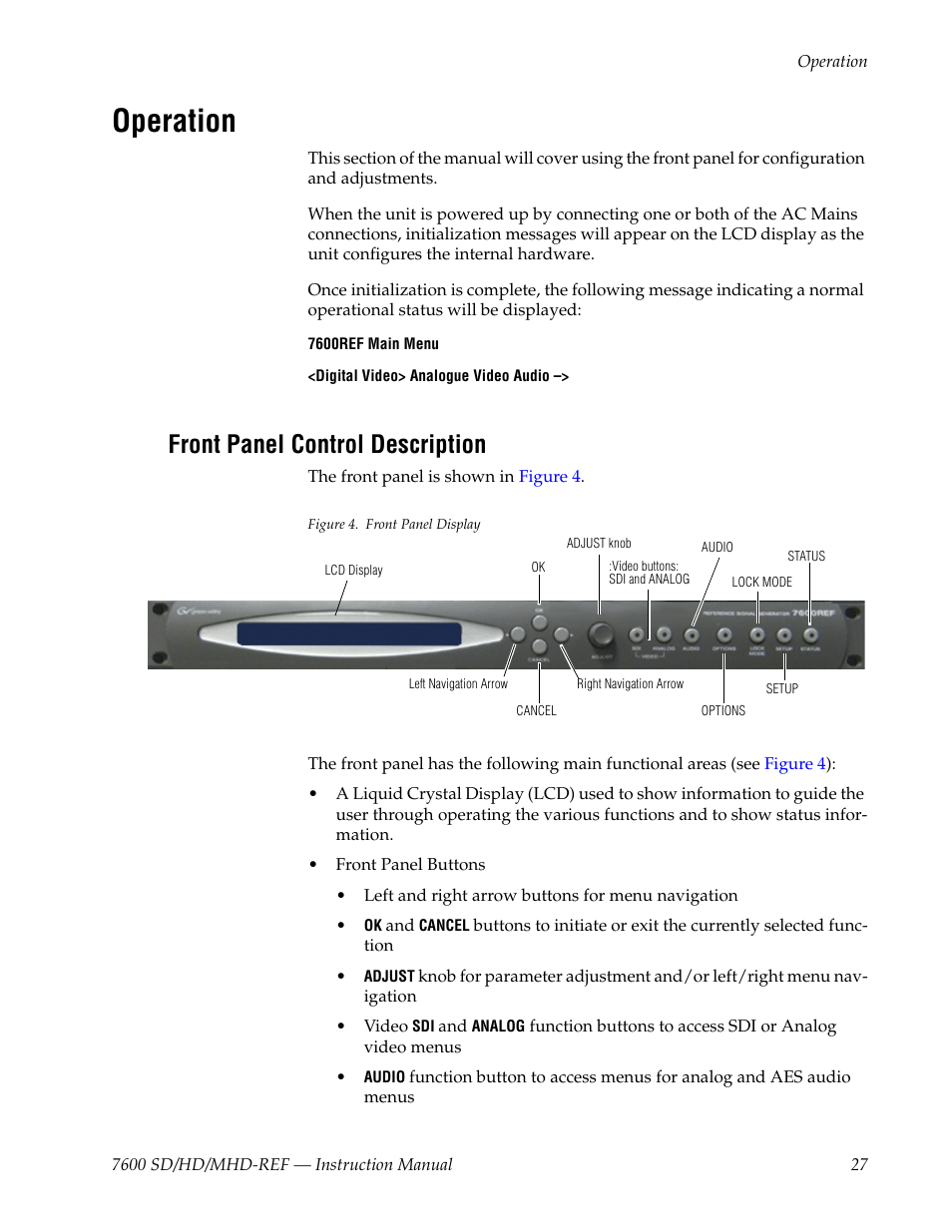 Operation, Front panel control description | Grass Valley 7600REF User Manual | Page 27 / 84
