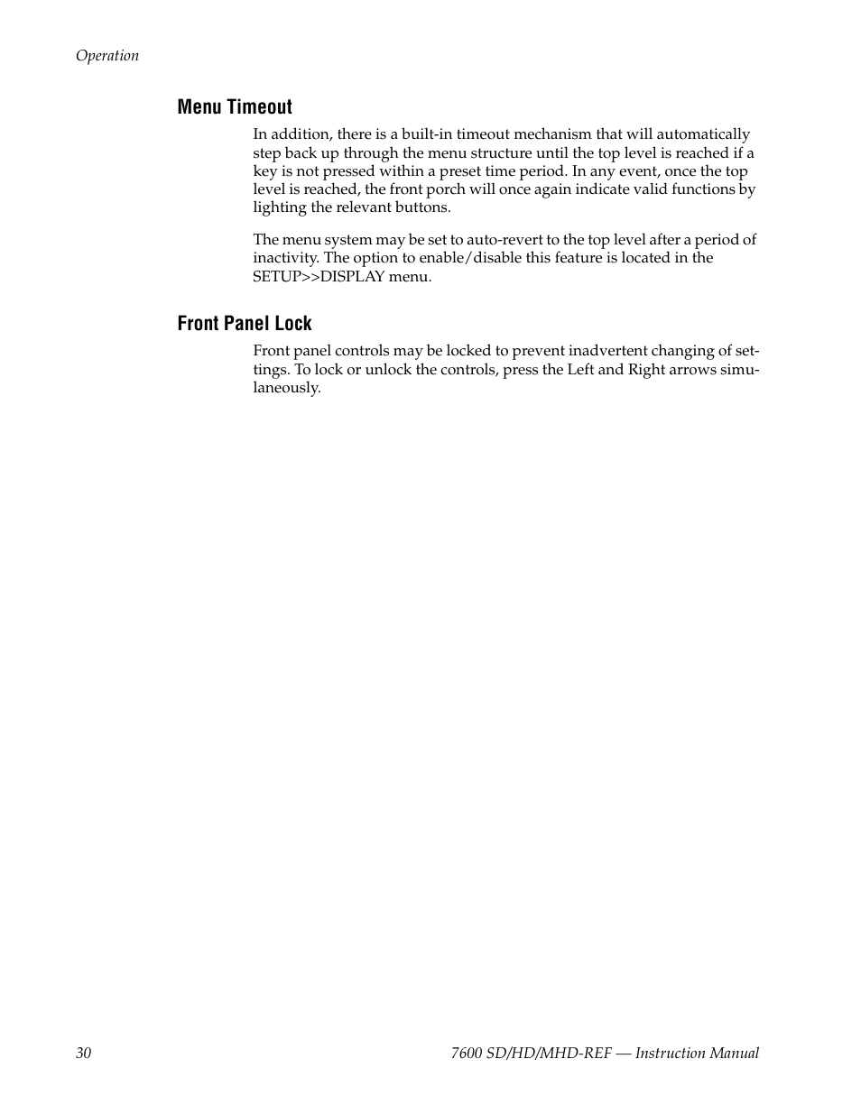 Menu timeout, Front panel lock | Grass Valley 7600REF User Manual | Page 30 / 84
