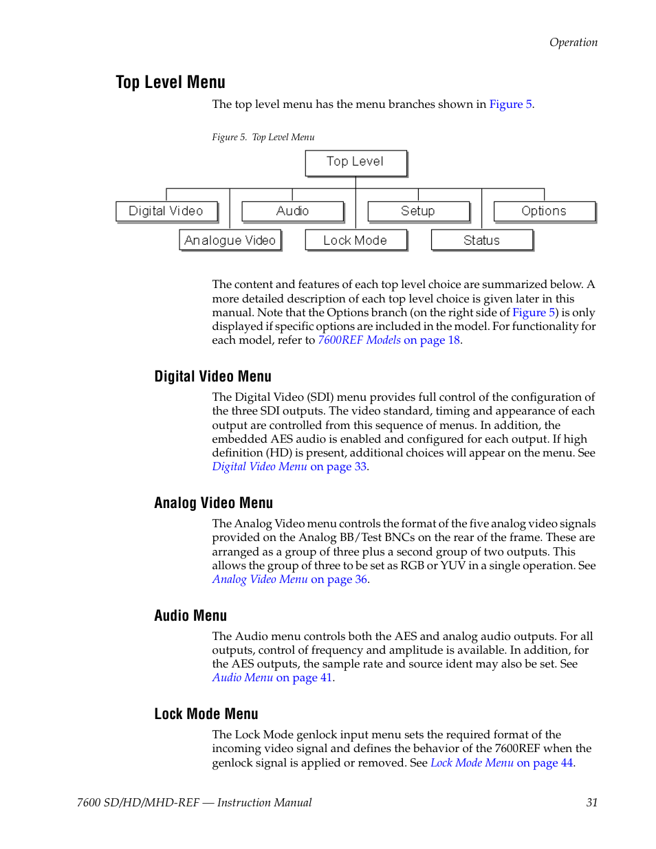 Top level menu, Digital video menu, Analog video menu | Audio menu, Lock mode menu | Grass Valley 7600REF User Manual | Page 31 / 84