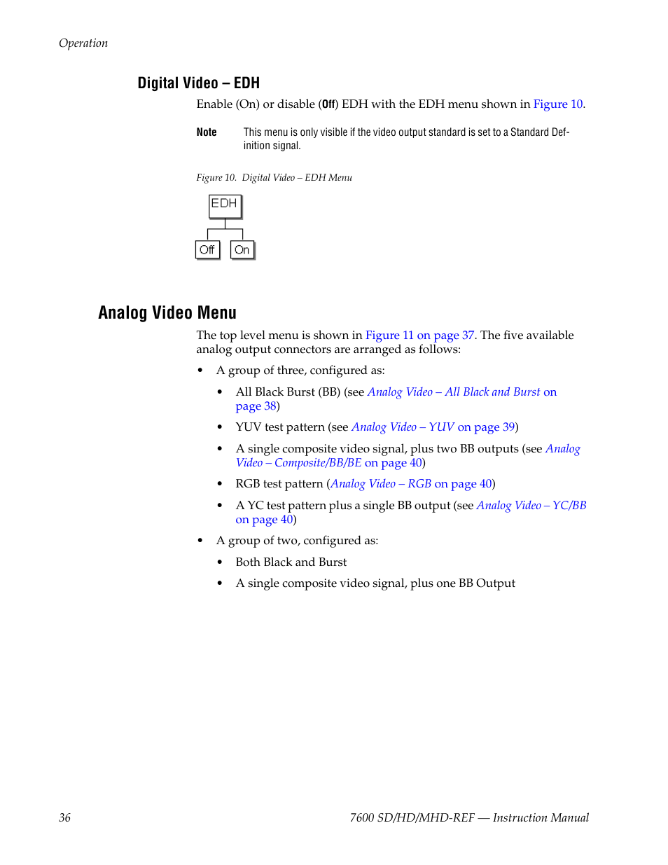 Digital video - edh, Analog video menu, Digital video – edh | Grass Valley 7600REF User Manual | Page 36 / 84