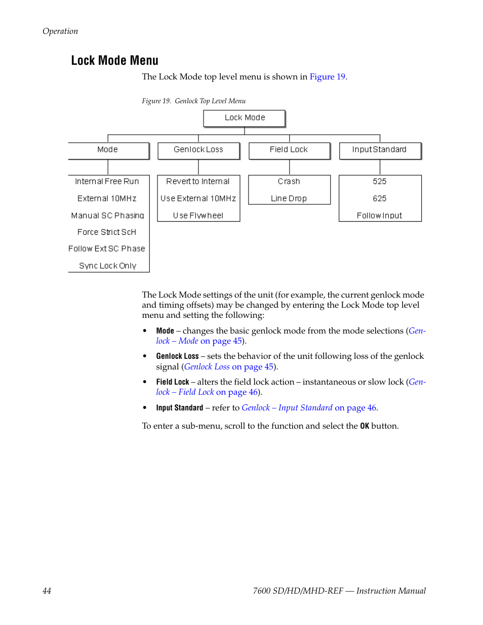Lock mode menu, Lock mode, Moved. see | Grass Valley 7600REF User Manual | Page 44 / 84