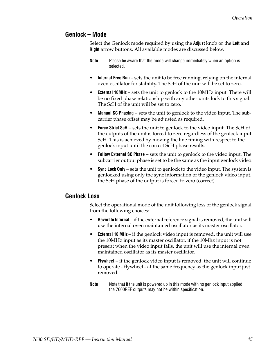 Genlock - mode, Genlock loss, Genlock – mode | Mode selections | Grass Valley 7600REF User Manual | Page 45 / 84