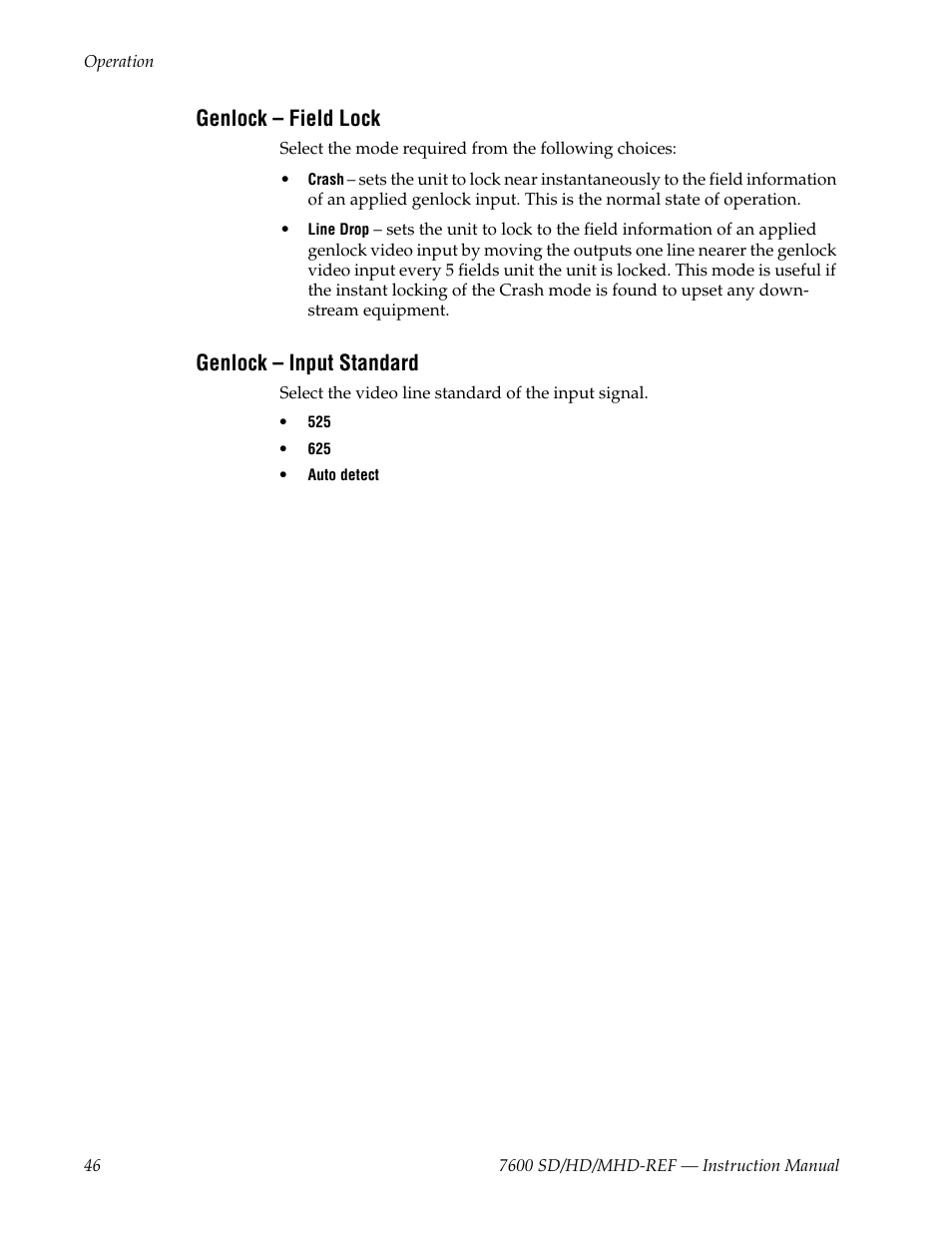 Genlock - field lock, Genlock - input standard, Genlock – field lock | Genlock – input standard | Grass Valley 7600REF User Manual | Page 46 / 84