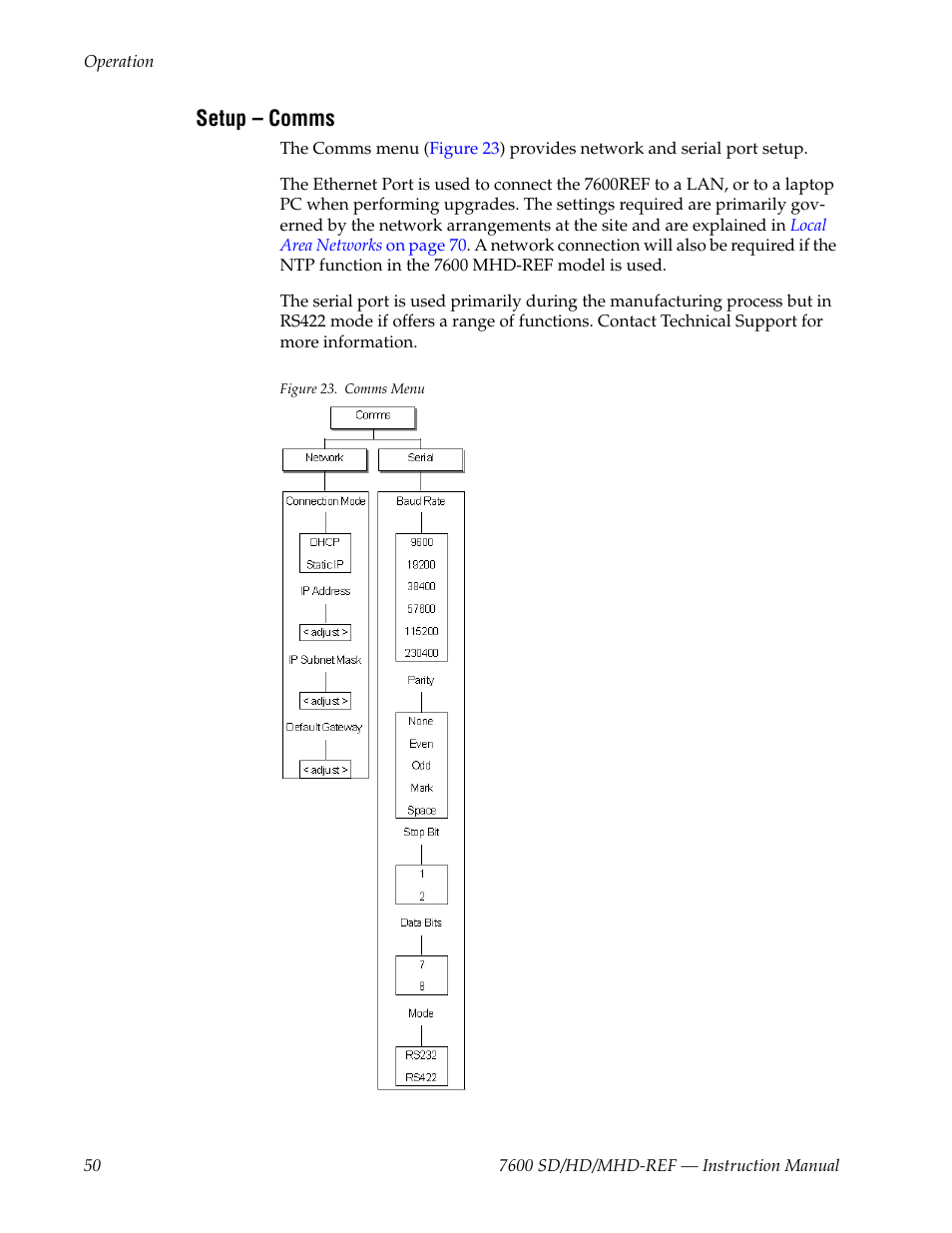 Setup - comms, Setup – comms | Grass Valley 7600REF User Manual | Page 50 / 84