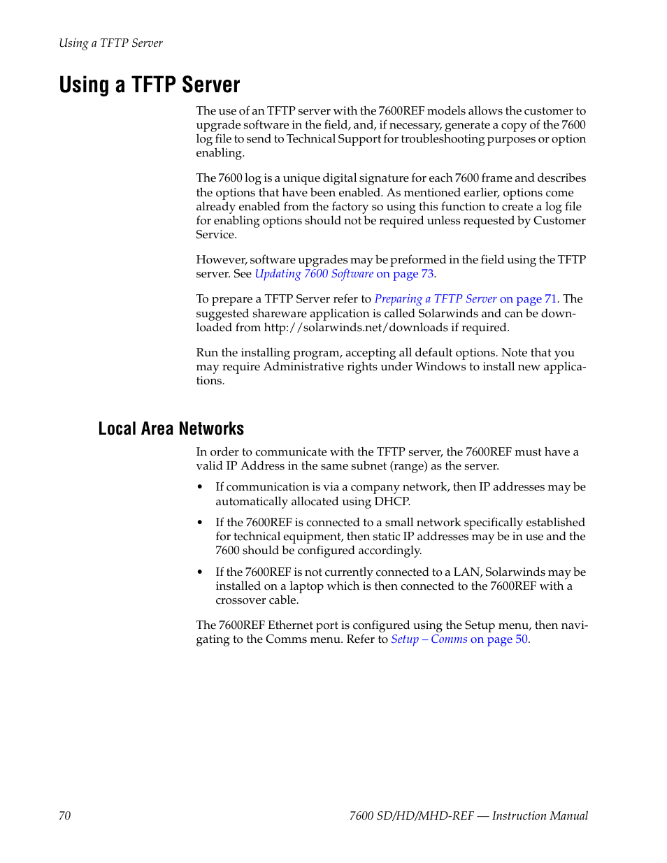 Using a tftp server, Local area networks, D in | Local, A network c | Grass Valley 7600REF User Manual | Page 70 / 84