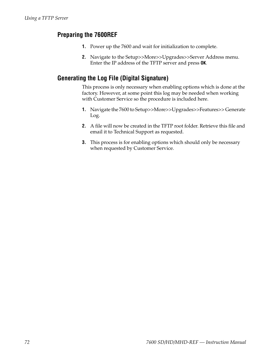 Preparing the 7600ref, Generating the log file (digital signature) | Grass Valley 7600REF User Manual | Page 72 / 84