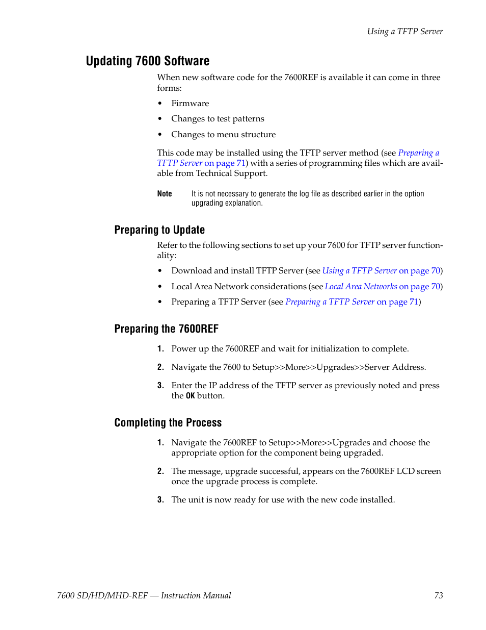 Updating 7600 software, Preparing to update, Preparing the 7600ref | Completing the process | Grass Valley 7600REF User Manual | Page 73 / 84