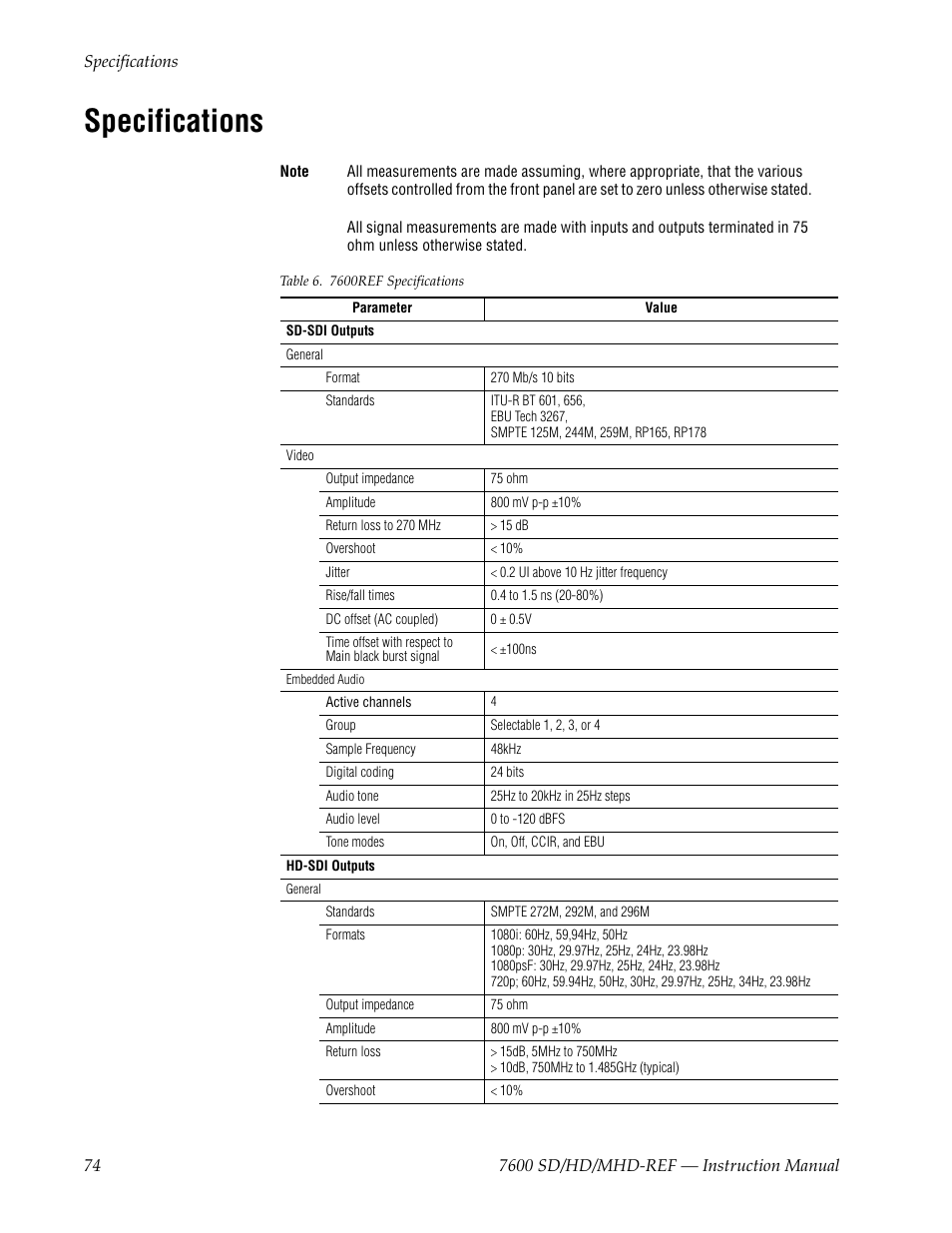 Specifications | Grass Valley 7600REF User Manual | Page 74 / 84