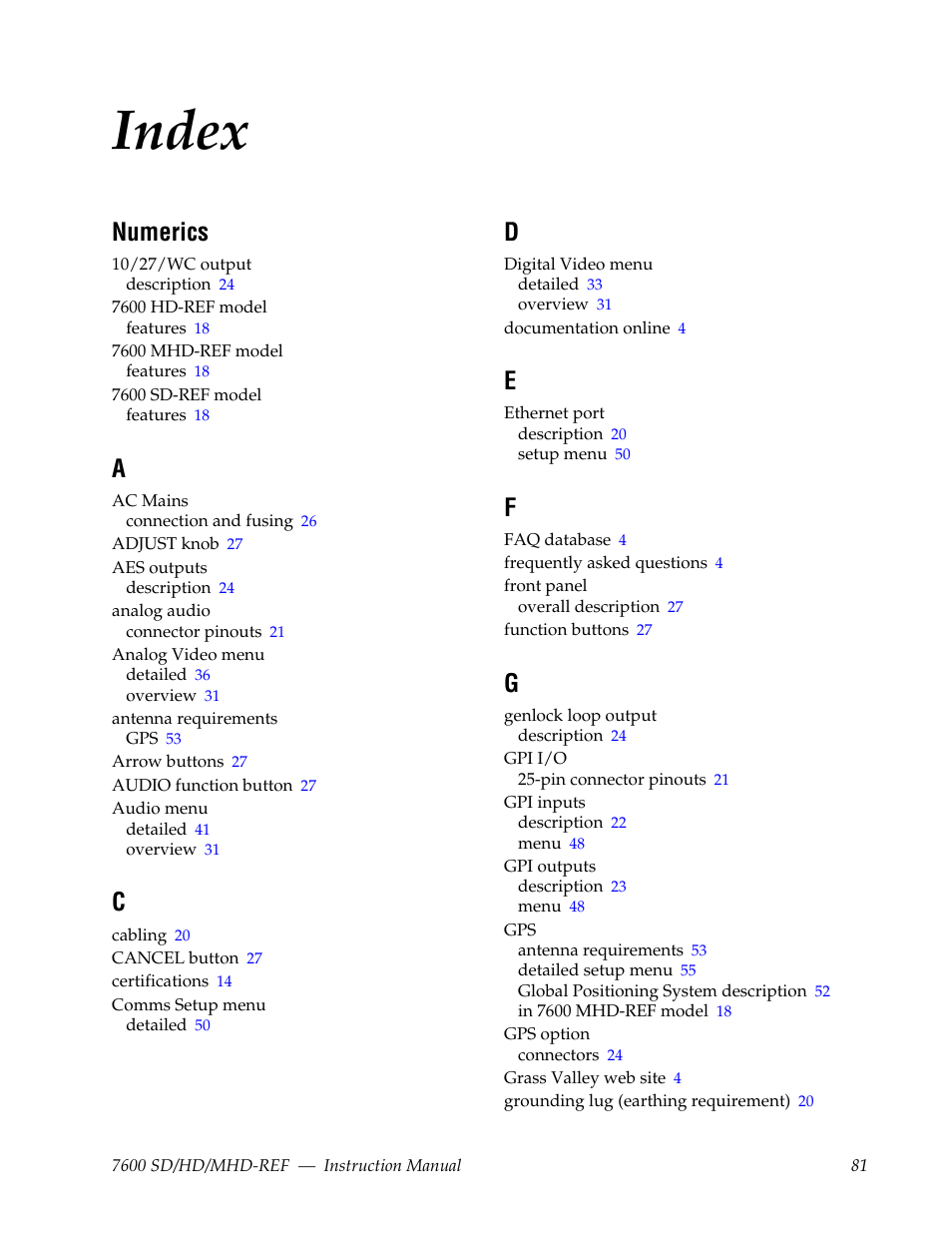 Index, Numerics | Grass Valley 7600REF User Manual | Page 81 / 84