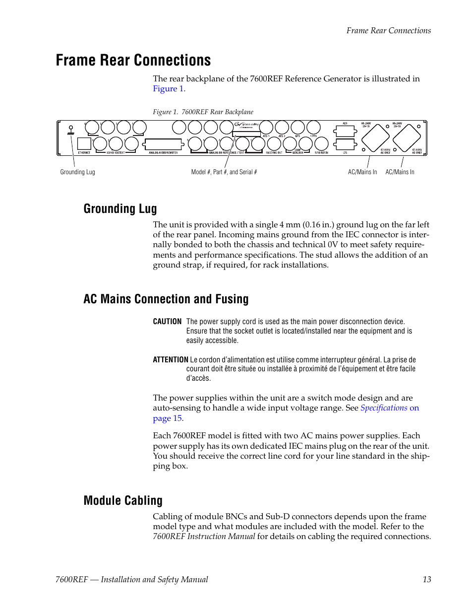 Frame rear connections, Grounding lug, Ac mains connection and fusing | Module cabling | Grass Valley 7600REF Installation User Manual | Page 13 / 16