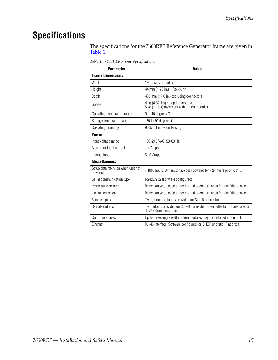 Specifications, Specifications on | Grass Valley 7600REF Installation User Manual | Page 15 / 16