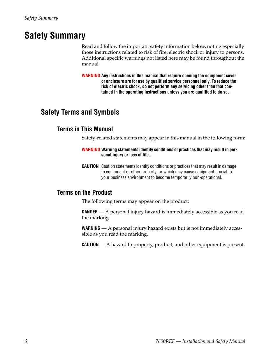 Safety summary, Safety terms and symbols, Terms in this manual | Terms on the product | Grass Valley 7600REF Installation User Manual | Page 6 / 16