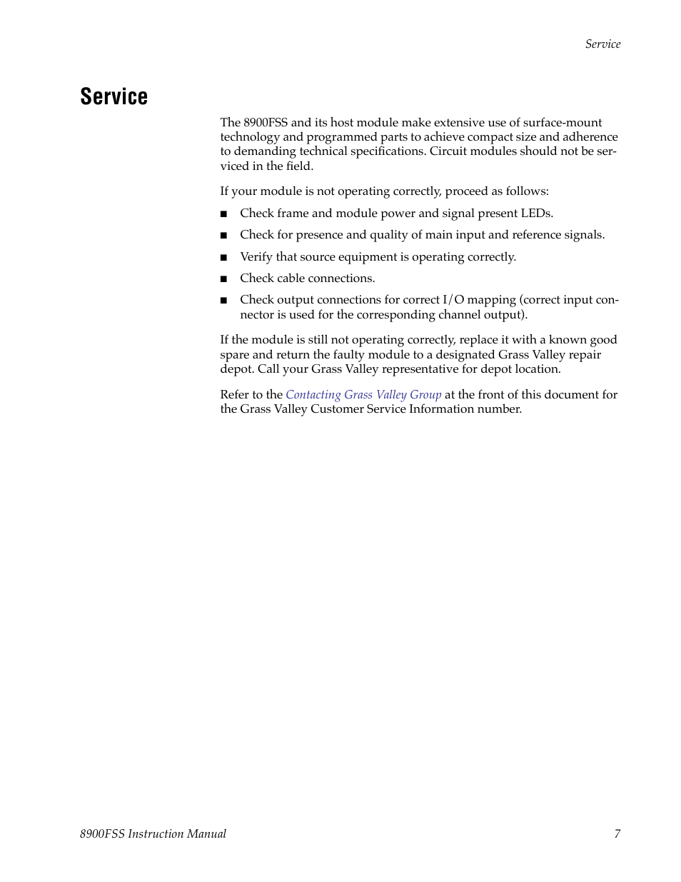 Service | Grass Valley 8900FSS User Manual | Page 13 / 18
