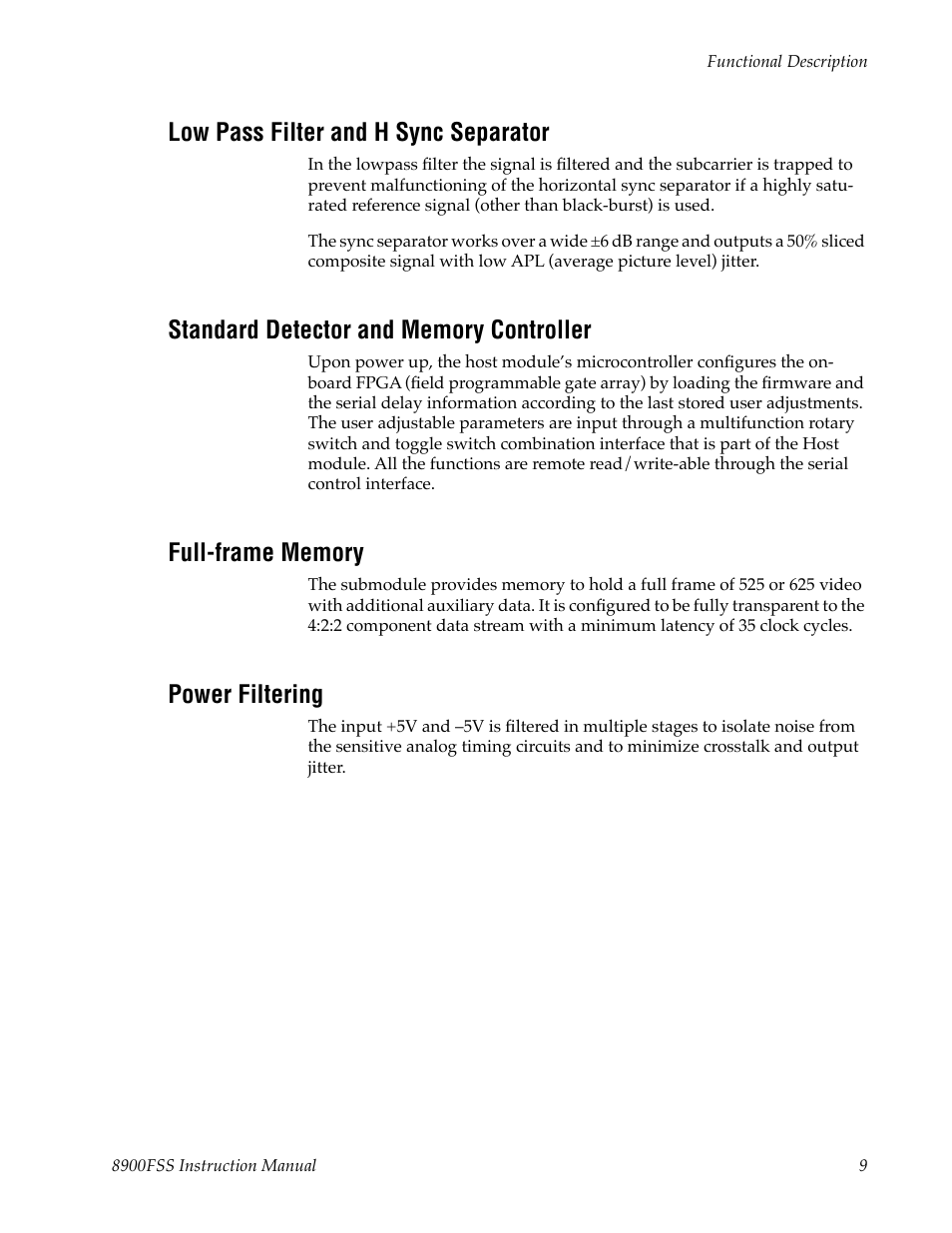 Low pass filter and h sync separator, Standard detector and memory controller, Full-frame memory | Power filtering | Grass Valley 8900FSS User Manual | Page 15 / 18