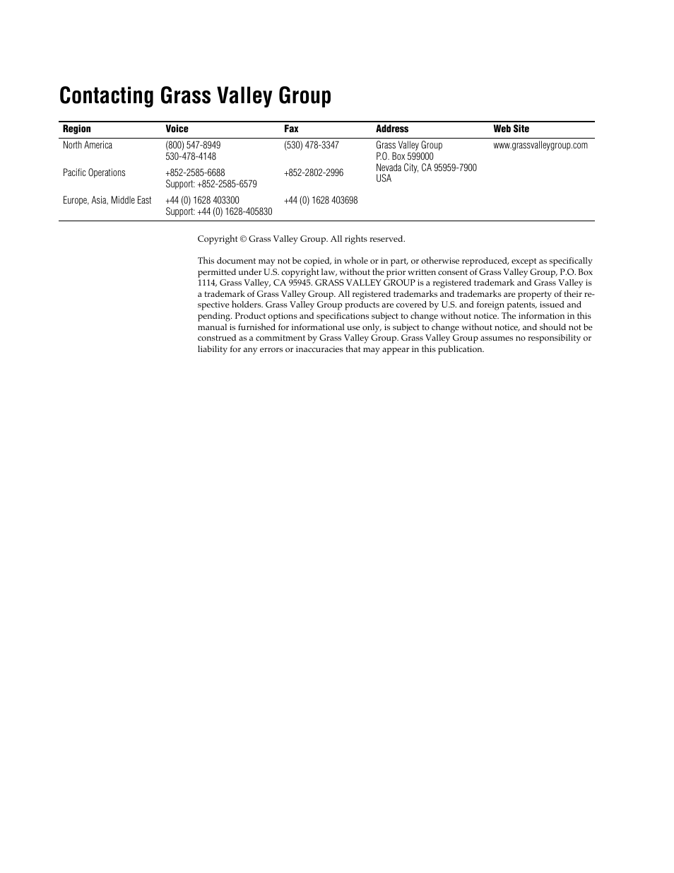 Contacting grass valley group | Grass Valley 8900FSS User Manual | Page 2 / 18