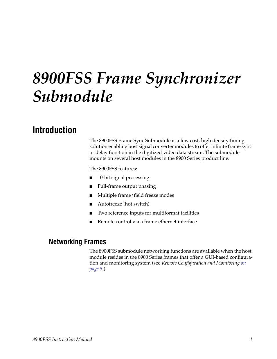 8900fss frame synchronizer submodule, Introduction, Networking frames | Grass Valley 8900FSS User Manual | Page 7 / 18