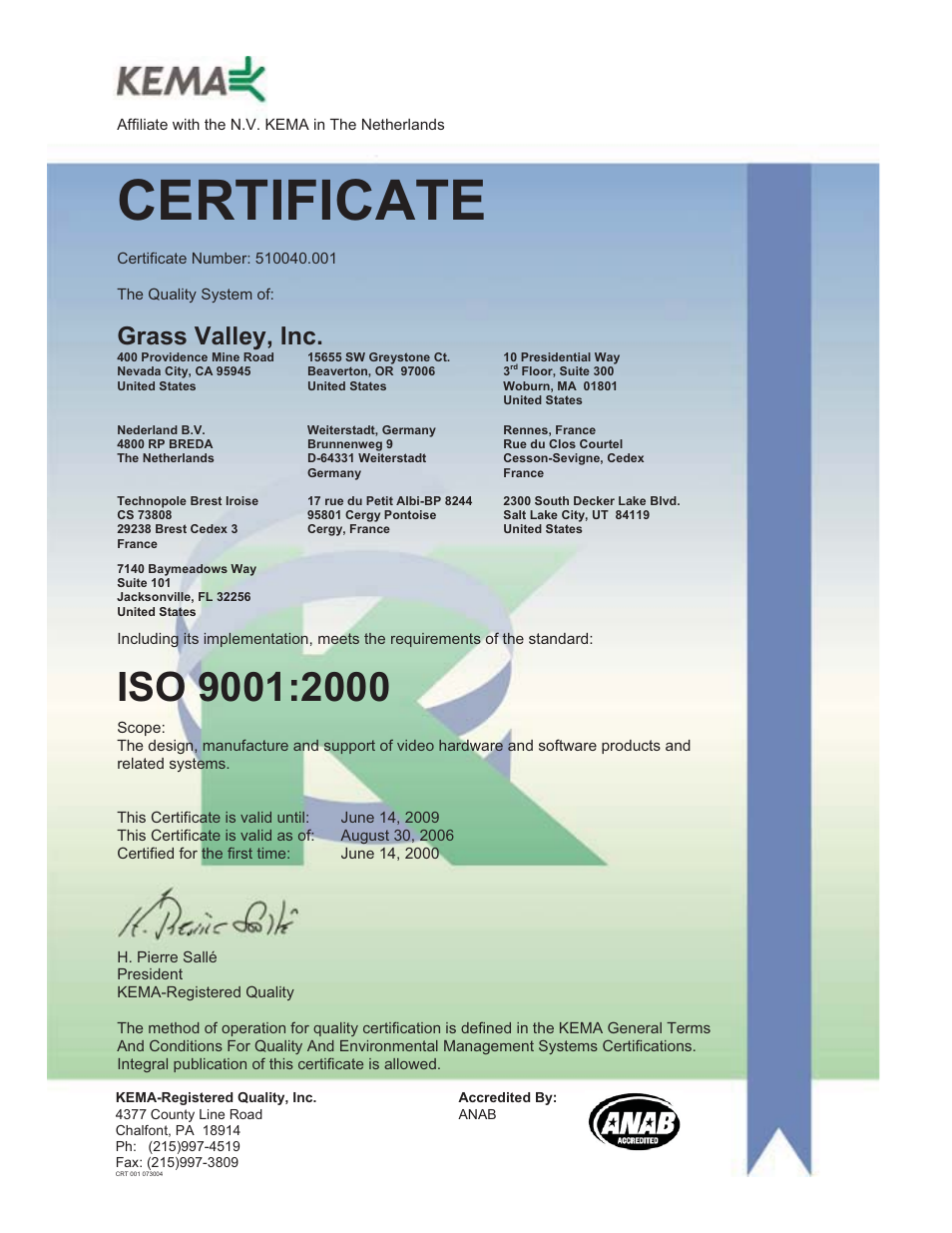 Certificate, Grass valley, inc | Grass Valley 8900GEN-SM User Manual | Page 2 / 50