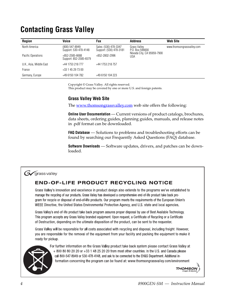 Contacting grass valley | Grass Valley 8900GEN-SM User Manual | Page 4 / 50