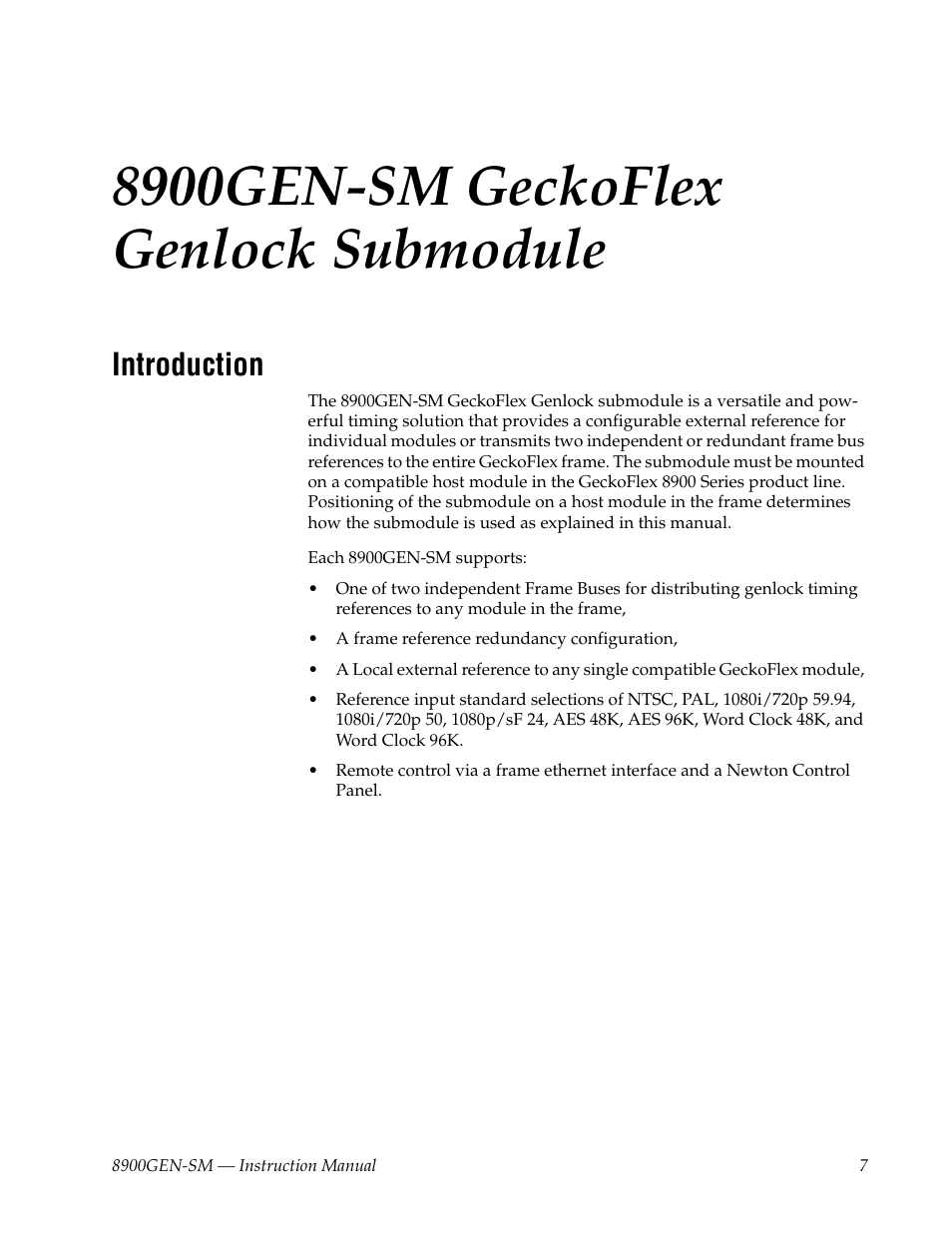 8900gen-sm geckoflex genlock submodule, Introduction, 8900gen-sm geckoflex | Genlock submodule | Grass Valley 8900GEN-SM User Manual | Page 7 / 50