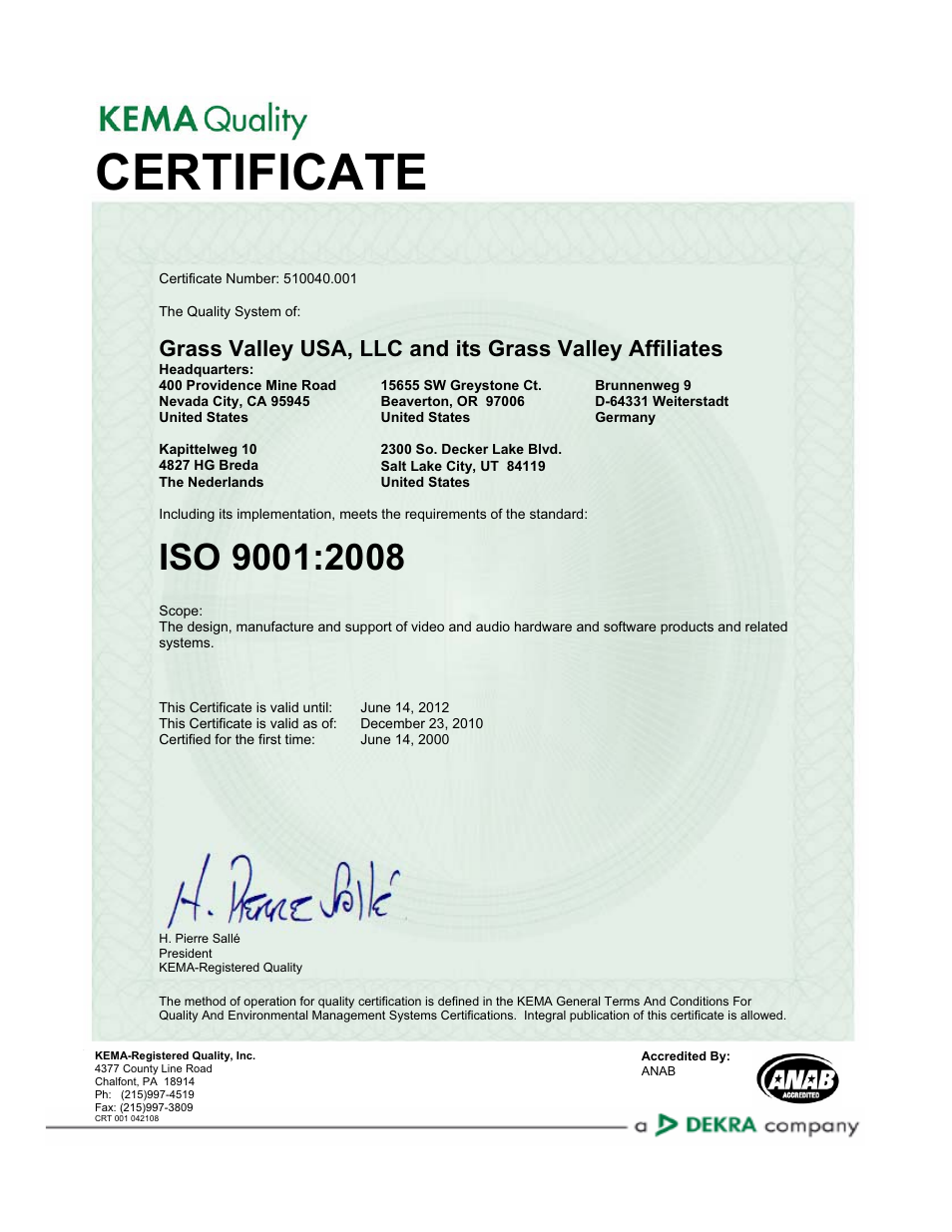 Certificate | Grass Valley 8900NET v.4.4.0 User Manual | Page 2 / 108