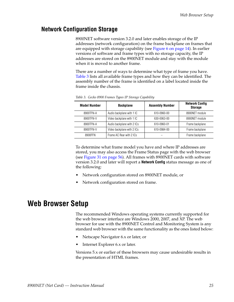 Network configuration storage, Web browser setup | Grass Valley 8900NET v.4.4.0 User Manual | Page 25 / 108