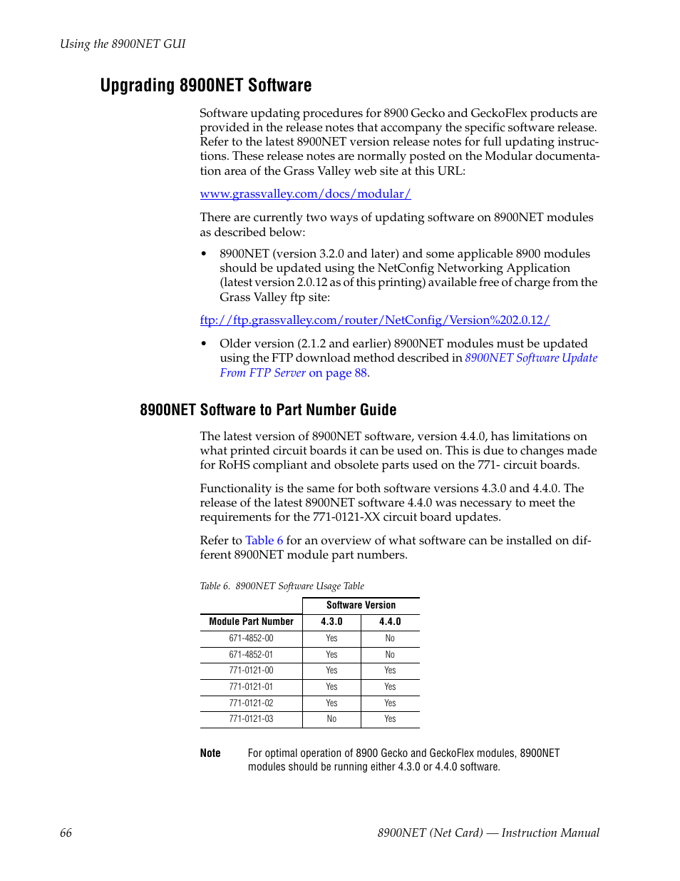 Upgrading 8900net software, 8900net software to part number guide | Grass Valley 8900NET v.4.4.0 User Manual | Page 66 / 108