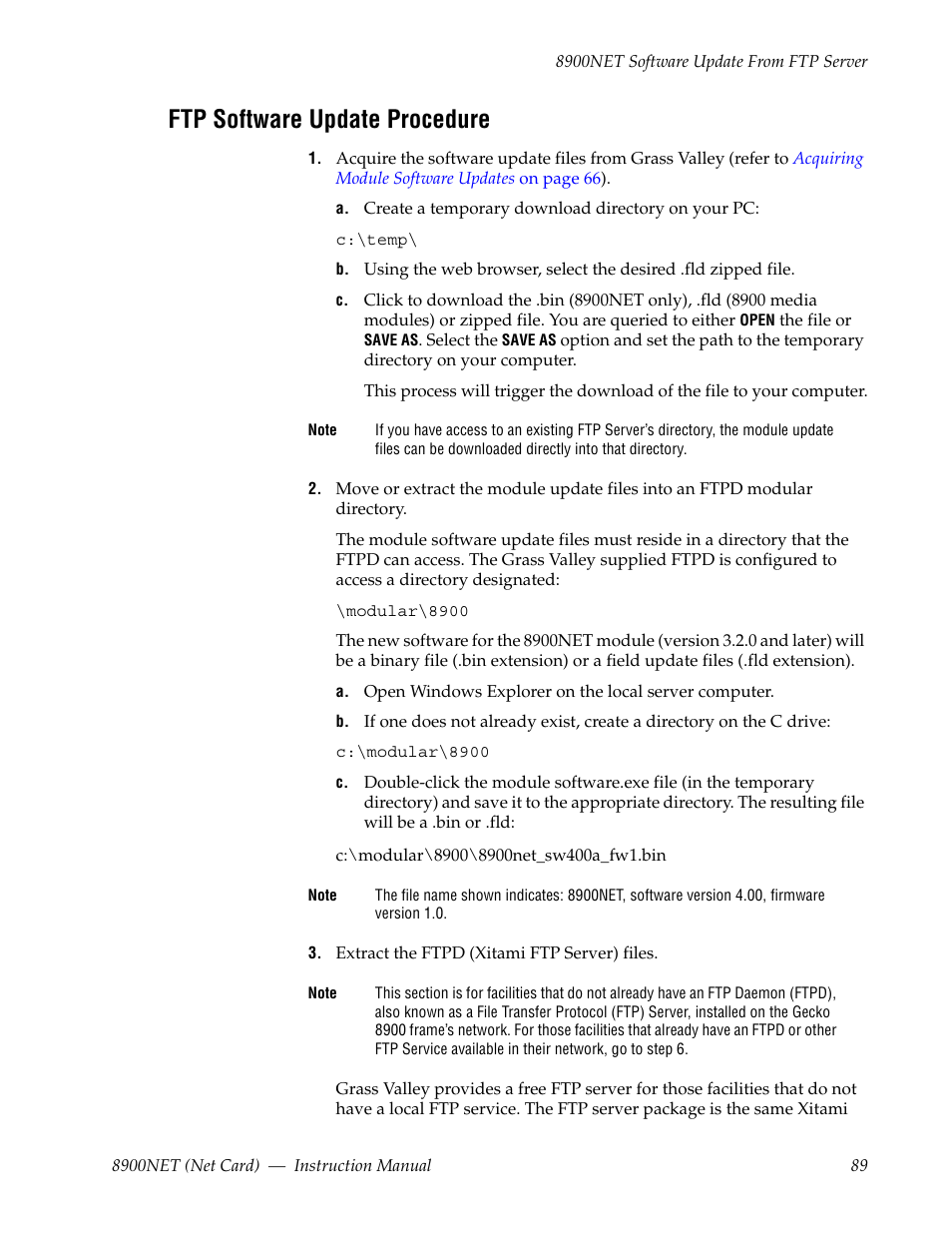 Ftp software update procedure | Grass Valley 8900NET v.4.4.0 User Manual | Page 89 / 108