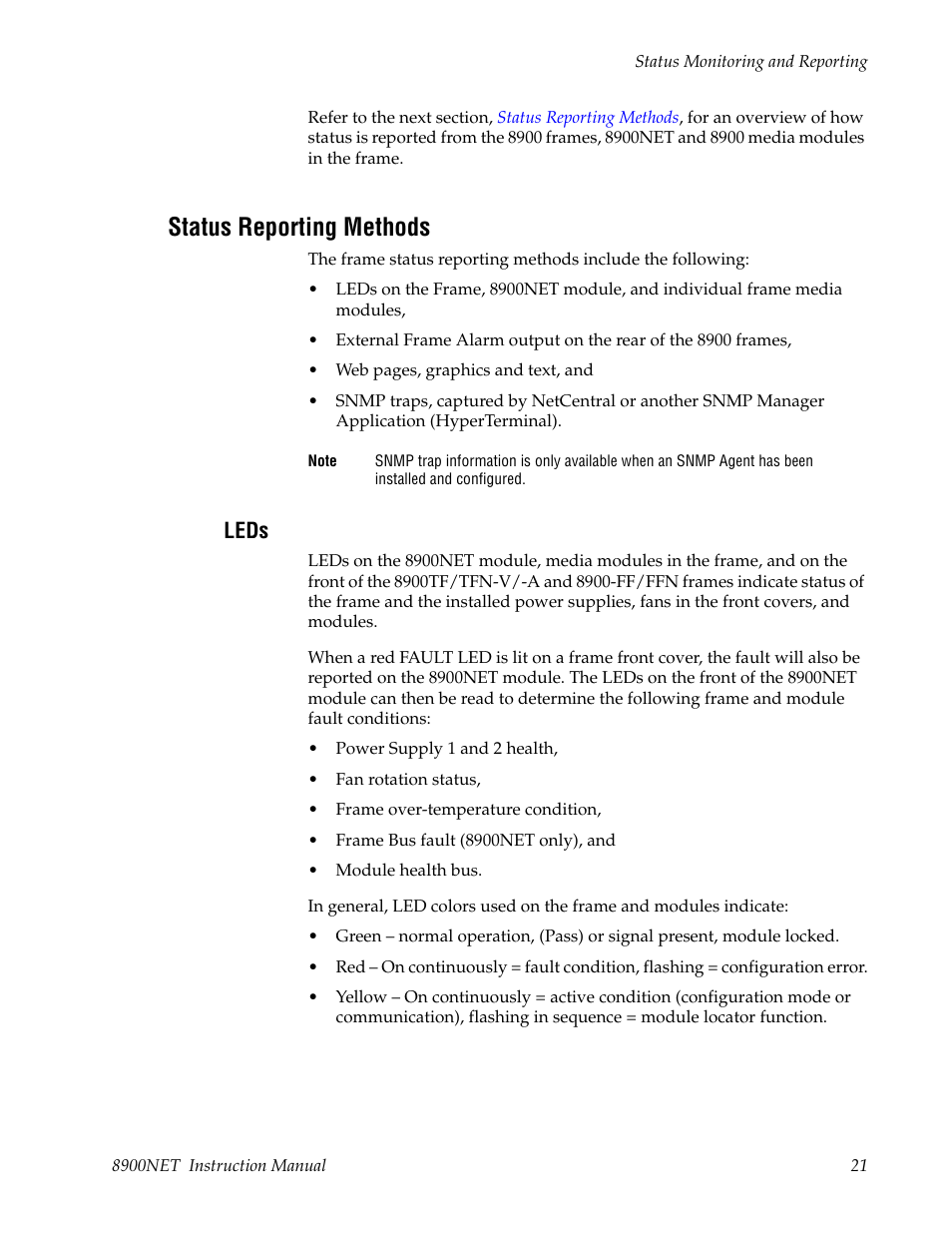 Status reporting methods, Leds | Grass Valley 8900NET v.4.0.0 User Manual | Page 21 / 94