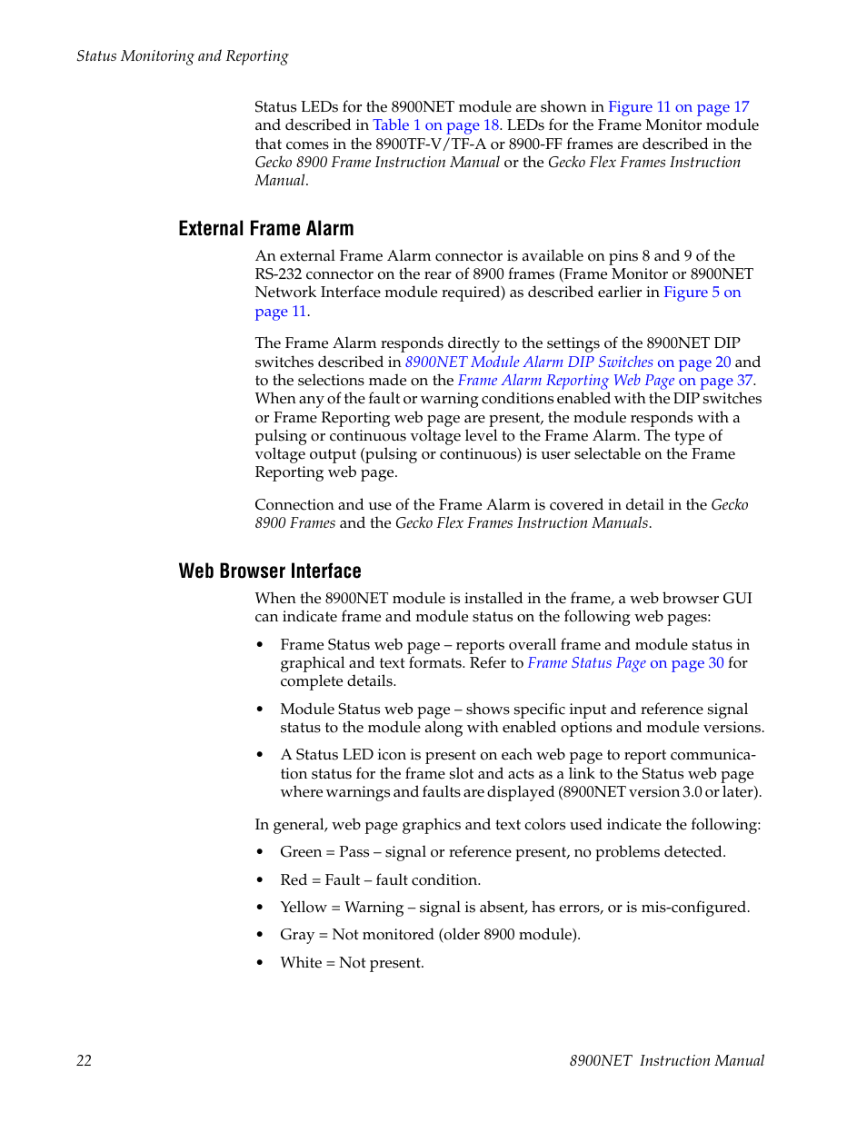 External frame alarm, Web browser interface | Grass Valley 8900NET v.4.0.0 User Manual | Page 22 / 94