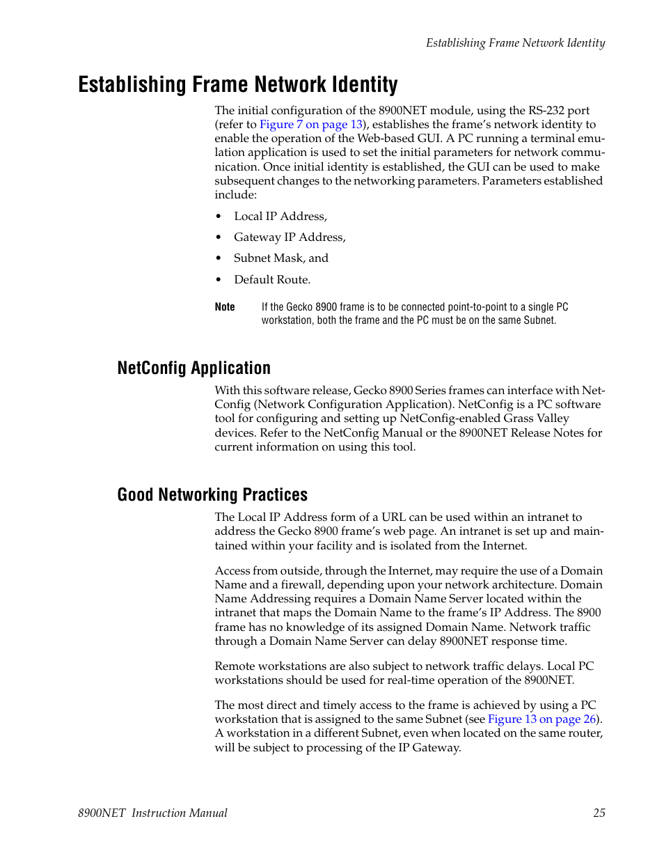 Establishing frame network identity, Netconfig application, Good networking practices | Grass Valley 8900NET v.4.0.0 User Manual | Page 25 / 94