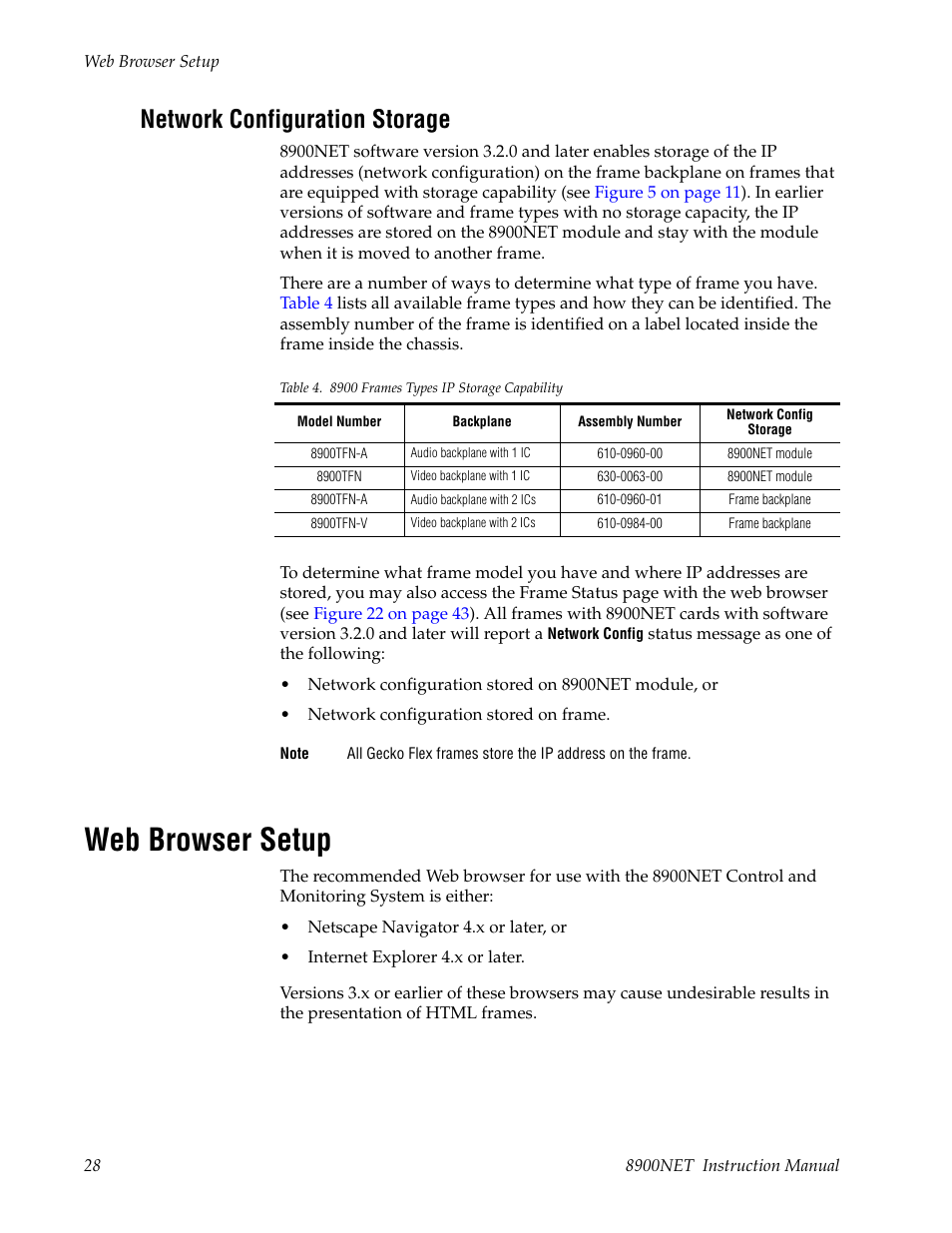 Network configuration storage, Web browser setup | Grass Valley 8900NET v.4.0.0 User Manual | Page 28 / 94