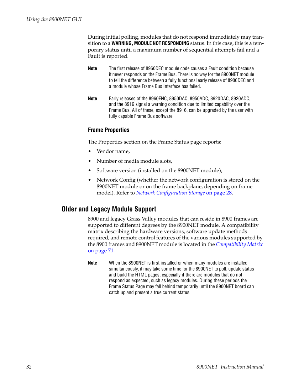 Older and legacy module support | Grass Valley 8900NET v.4.0.0 User Manual | Page 32 / 94