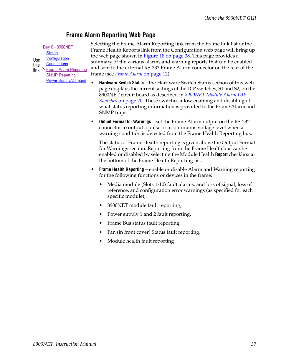 And snmp reporting, Frame alarm reporting web page | Grass Valley 8900NET v.4.0.0 User Manual | Page 37 / 94