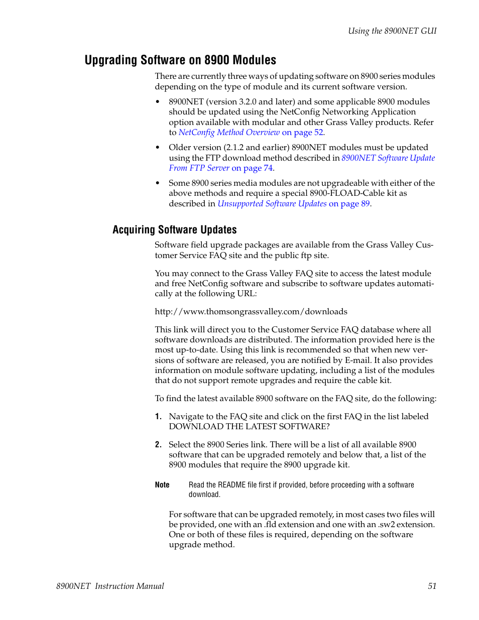 Upgrading software on 8900 modules, Acquiring software updates | Grass Valley 8900NET v.4.0.0 User Manual | Page 51 / 94