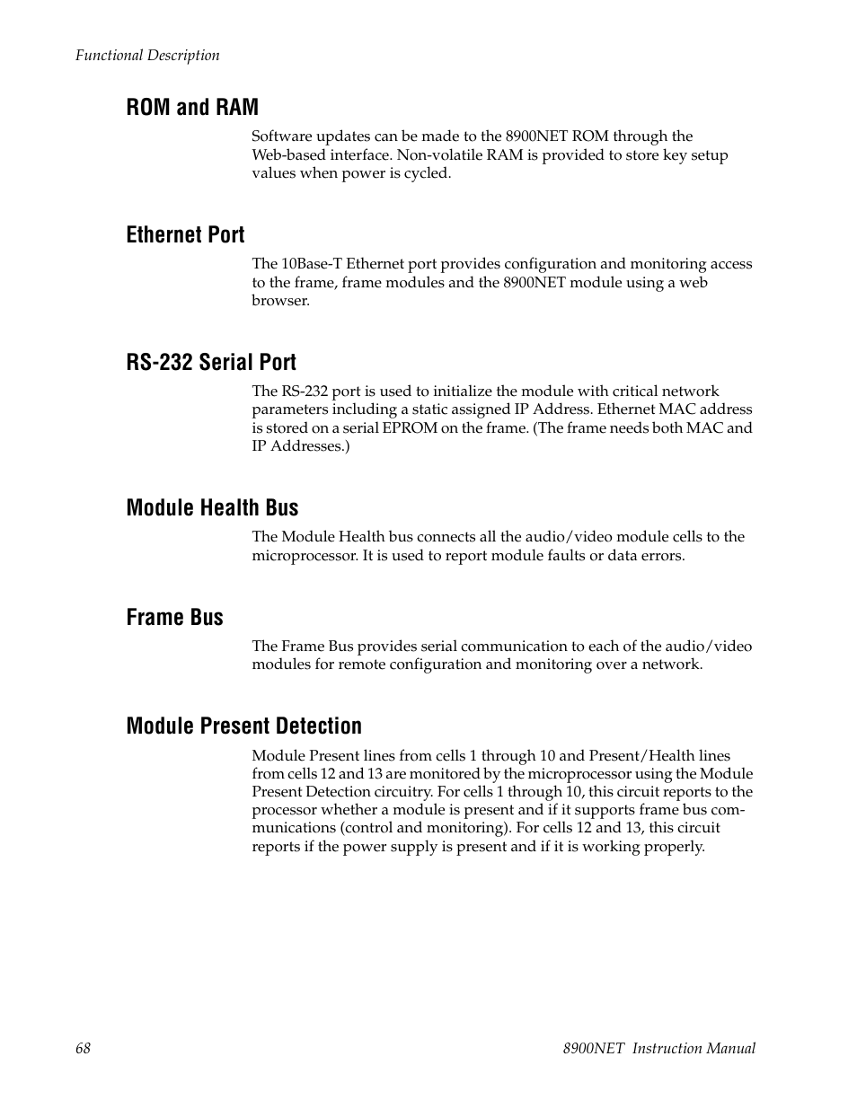 Rom and ram, Ethernet port, Rs-232 serial port | Module health bus, Frame bus, Module present detection | Grass Valley 8900NET v.4.0.0 User Manual | Page 68 / 94